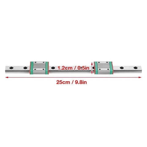 High Precision Linear Rail Guide 250mm Long 12mm Wide with slide blocks for CNC and mechatronics, showing dimensions