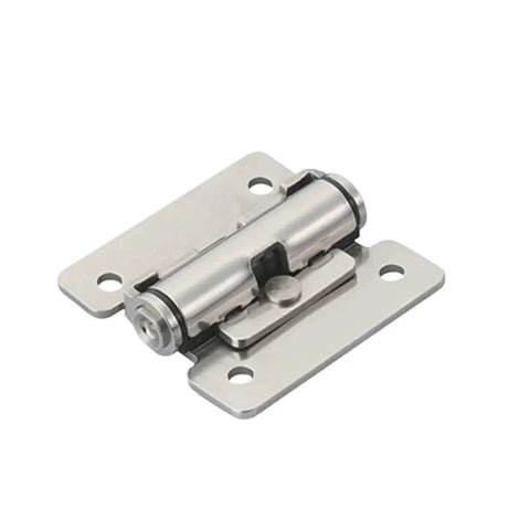 Close-up of torque-damping concealed cabinet hinge; stainless steel, 90-degree, no-drill mounting; 2-piece set.