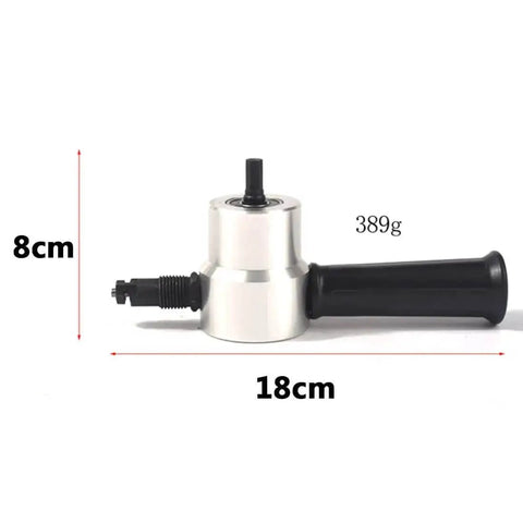 Double Head Nibbler Sheet Metal Cutter Tool For Drills And Saw Attachments Stainless Steel Nibbler Cutter Metal Cutting DIY Attachment 18cm By 8cm Pro Grade showing side view