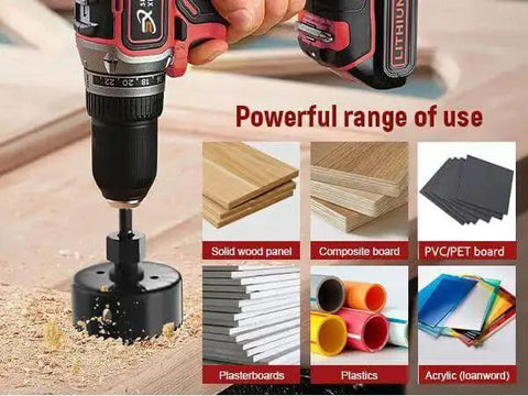 Twelve-Piece Hole Saw Kit With Eight Sizes From Three-Quarters Inch To Two And A Half Inches Including Arbors, Drill Bits, And Hex Key in use on wood
