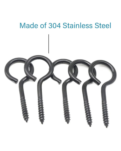 Five 2-1/2 inch black screw eyes in 304 stainless steel on white background, showing rust resistant eye bolts for anchoring cables.