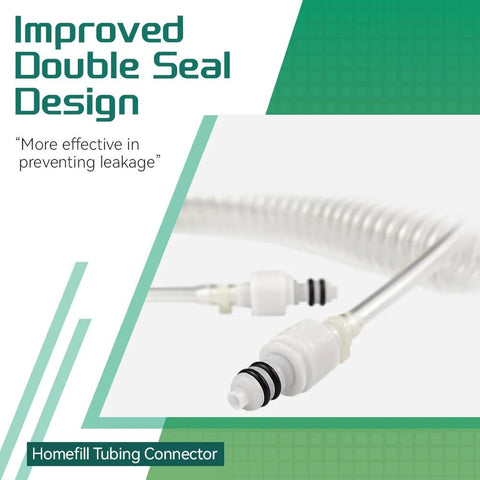 Close-up of white Homefill tubing connector assembly with coiled tubing for oxygen systems