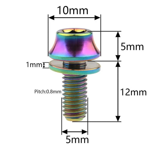 Colorful anodized titanium M5x12mm taper head bolt with washers, 6AL4V Grade 5 alloy, 0.8mm thread pitch, 10mm washer size.