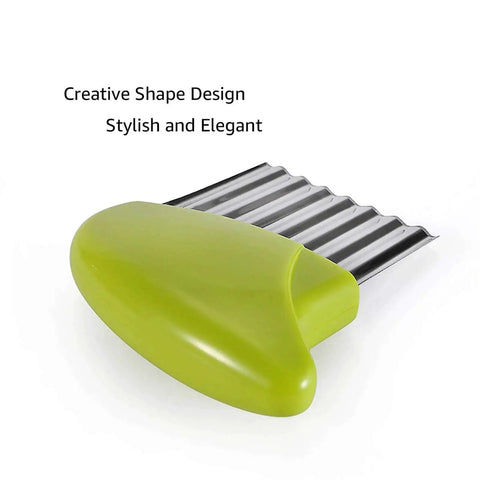 Green crinkle cutter with stainless steel waffle blade, part of a two-pack set for cutting potatoes, carrots, lettuce, and butter.