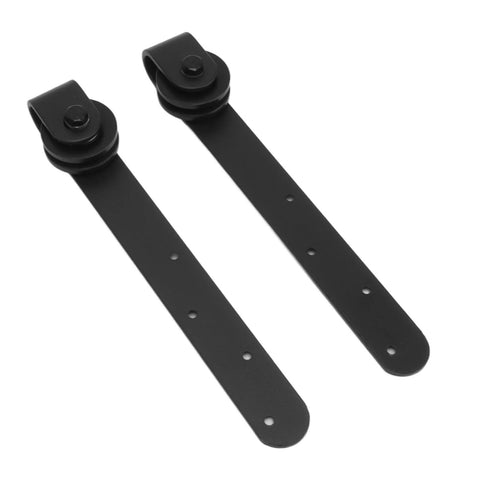Close-up of two black metal straps from Sliding Barn Door Hardware Kit With Smooth Quiet Track For Single Or Double Bypass Doors Rustic Farmhouse Style Wooden Barn Door Rail System For Easy Whisper Quiet Sliding And Smooth No Brainer Operation