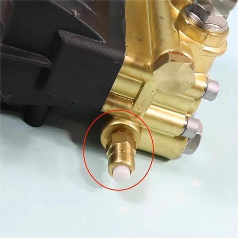 Thermal release relief valve for pressure washer, brass body, Amazon brand, side view of inlet connection.