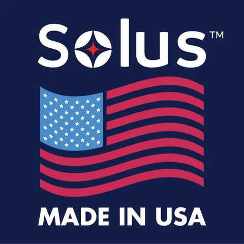 Logo of Solus with stylized American flag and text 'MADE IN USA' on a dark blue background