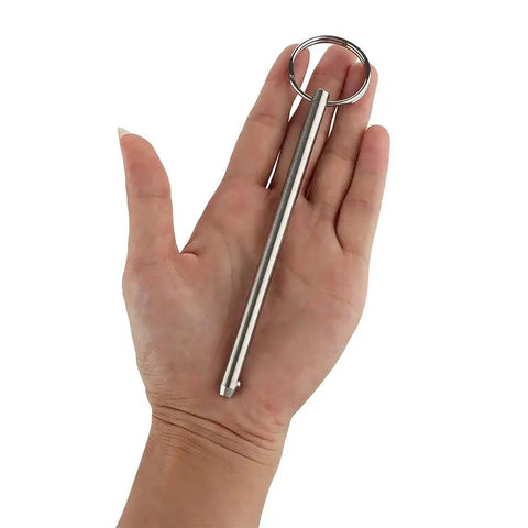 Hand holding 2 Pack Long Quick Release Pin For Bimini Top And Marine Gear, Diameter One Quarter Inch, Overall Length Four And Three Quarter Inches, Usable Length Four Point One Three Inches, 316 Stainless Steel With Spring Loaded Ball