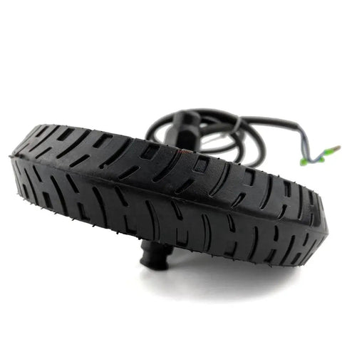Side view of an 8-inch black scooter wheel with a treaded tire and integrated hub motor