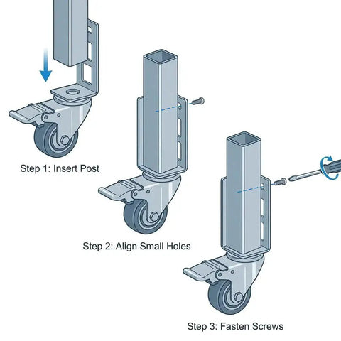 Installation steps of Three Inch Caster Wheels For Boltless Shelving Racks, 500 Lb Load Capacity Per Wheel, Four Pack Garage Storage