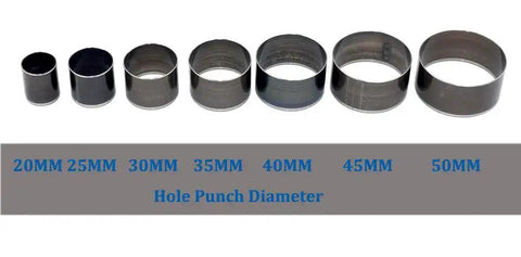Handy 7 Size Round Hole Punch Kit For Leather And Crafts 20Mm To 50Mm Carbon Steel Hollow Cutter display with labeled sizes.