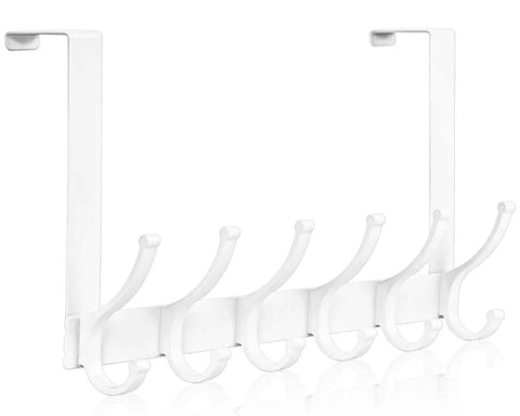 Over-the-door white metal hook rack with five hooks for hanging items, showing side view.