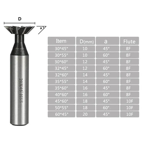 Dovetail Milling Cutter HSS End Mills High Speed Steel CNC Router Bit Double Edged Cutter For Mold Steel Cast Iron Carbon Steel Alloy Steel Tool Steel Slotting Tool 45 55 60 Degree Angles Pro Grade Heavy Duty shown with size chart
