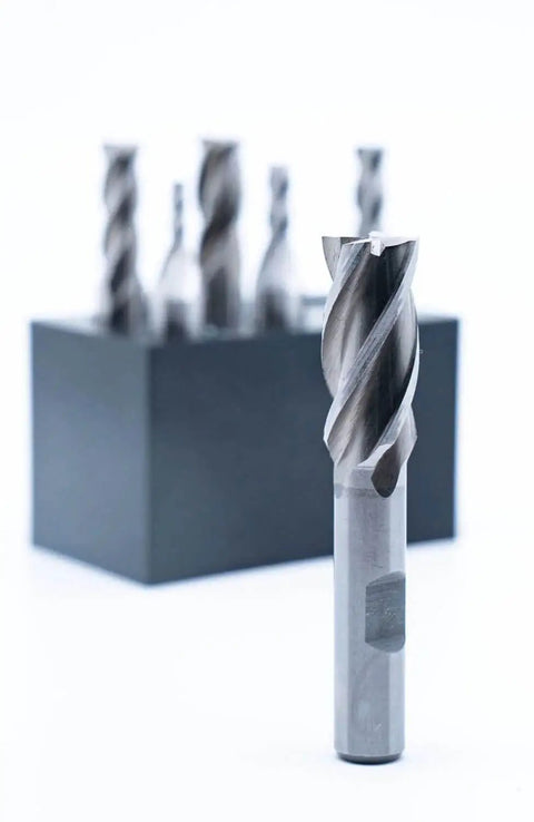 Center Cutting End Mill Set 6pc High Speed Steel 4 Flute Single End With 3/8 Inch Shank And Plastic Stand on display