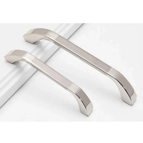 Brushed Nickel Cabinet Handles Three Pack With 64 Millimeter Hole Centers Euro Style Drawer Pulls shown on white surface