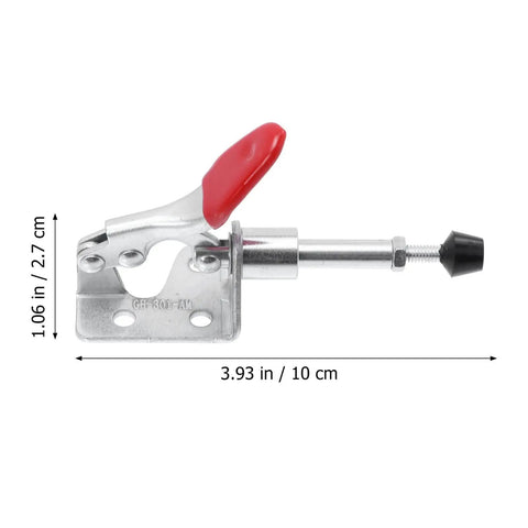 Single horizontal toggle clamp with red handle, metal body, for secure fastening. Four Pack Horizontal Toggle Clamps With Push Pull Quick Release For Workholding And Fixture Applications Workhorse Grade Hand Tool Clips For Secure Fastening And Easy Setup In The Workshop.