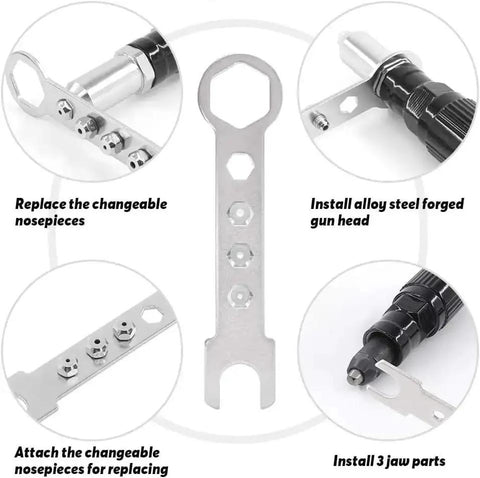Cordless Rivet Gun Tool Kit For Drills With Four Threaded Heads 2.4mm 3.2mm 4.0mm 4.8mm, Pro Grade Riveter Drill Attachment