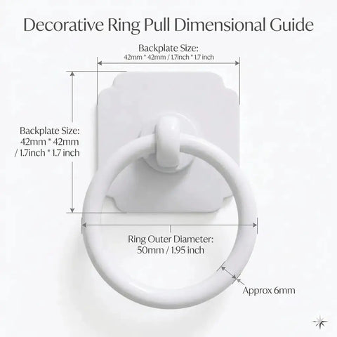 Dimensional guide of Large White Ring Bi-Fold Closet Door Pulls with Protective Base, showing measurements and design details.