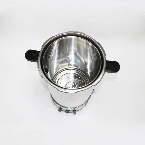 24L stainless steel lab autoclave with black side handles; top-down view of inner chamber and perforated steam tray.