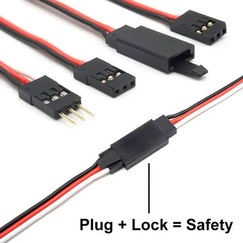 Pro RC Servo Connector Kit With Crimp Tool And Tweezers, 30 Male And 30 Female Pins, 3m Of 22AWG Cables, shows plug and lock mechanism.