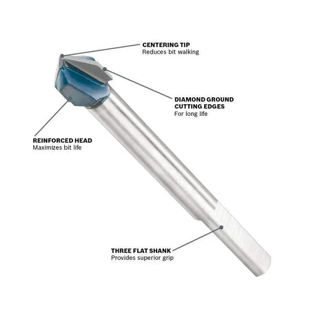 Carbide Tipped Glass Drill Bit One Quarter Inch GT300 With Three Flat Shanks For Superior Grip Blue Bosch Quality.