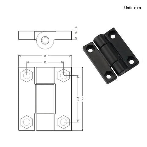Zinc alloy square torque-damping hinge, front view, black finish, 1pc