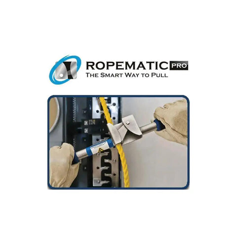 Ropematic Pro Manual Rope Puller for Fish Tape and Mule Tape Pulling tool in use, showing ergonomic grips and pulling mechanism.