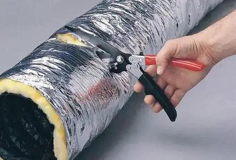 Flex Duct Shear With Built-In Wire Cutter, Four And Three Eighths Inch Cut Capacity in use cutting insulated round duct