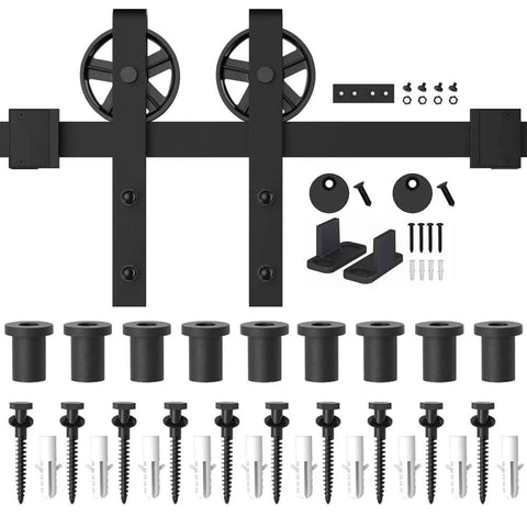 5 To 16 Ft Adjustable Wood Sliding Barn Door Hardware Kit In Basic Black With Big Spoke Wheel Rollers Carbon Steel Flat Track System