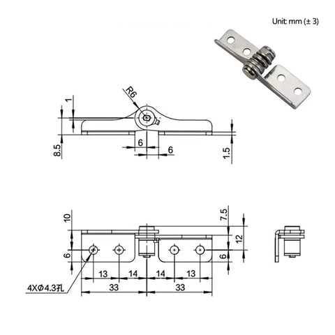 Stainless steel damping hinge with adjustable 0.8 N·m torque; 1 piece, shown in front/side technical drawing.