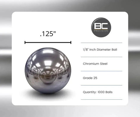 One Eighth Inch Chrome Steel Bearing Balls G25, 1000 Pack, precision ground, chrome steel sphere with measurements