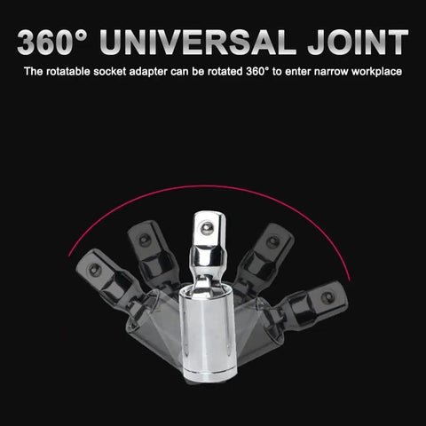 Front view of a 2-piece chrome-plated 3/8 inch universal joint socket adapter set with 360-degree rotating joints