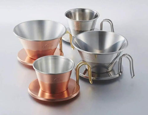 Tsubame WDS185 Stainless Steel Coffee Dripper for 2 to 4 folks with Wave Filter 185 made in Japan, shown in stainless steel and copper.
