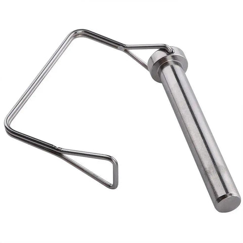 Two Pack Large Safety Coupler Pin Half Inch Diameter Three Point Five Four Inch Length Marine Grade 316 Stainless Steel Built To Last Beefy Heavy Duty Shaft Locking Pin For Saltwater Marine Applications And Outdoor Equipment, side view of pin and clasp