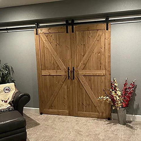 Unfinished Knotty Barn Door 42 By 84 Inches With Classic British Brace Solid Spruce Wood Double Sided Surface Panels Installed