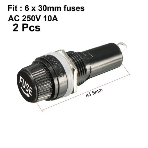 Panel Mounted Fuse Holder 6mm X 30mm For 6x30mm Fuses 10A 250V Screw Cap And Solder Lug Terminals Black Plastic And Metal Construction