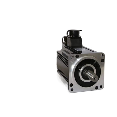 Front view of a servo motor with silver mounting flange, black body, exposed shaft, and top brake unit
