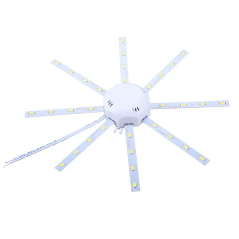 LED light fixture with multiple arms and bright yellow diodes extending outward from a central hub on a white background.