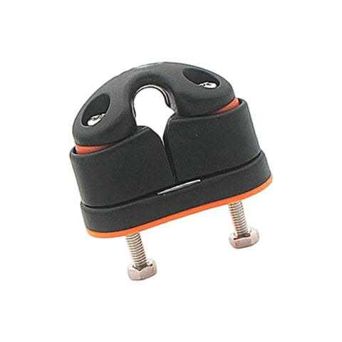 Nylon rope clamp cleat for marine use; black nylon with orange base, dual posts, two mounting screws visible