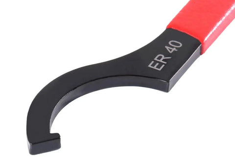 ER40 Collet Nut Wrench Pro Grade Adjustable Tool With Extended 8.267 Inch Handle, red grip, close-up of wrench hook and handle.