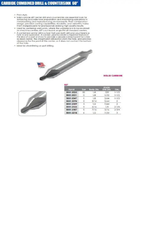 USA Made No 2 By 2 Carbide Combined Drill And Countersink Bit for One Pass Center Drilling And Chamfering, 3/16 in Body, 5/64 in Drill