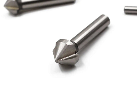 Close-up of Six Piece Silver HSS Countersink And Chamfer End Mill Bit Set for 90 Degree Chamfers, titanium-coated high-speed steel