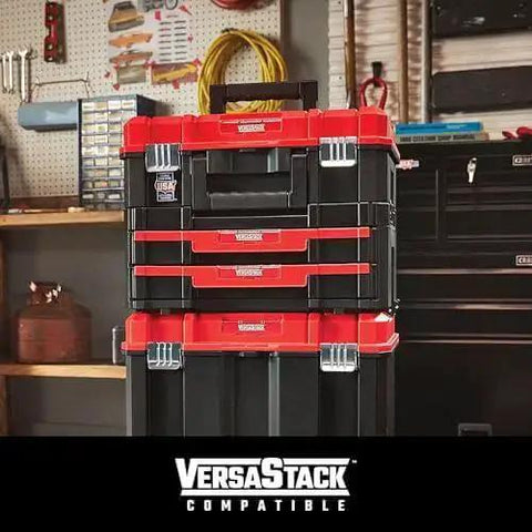 Craftsman tool storage box stack with black and red design in a workshop, showcasing VERSASTACK compatibility.
