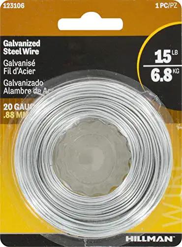Galvanized Steel Wire Rope 20 Gauge 20x175 Feet For Crafts And DIY Projects Corrosion Resistant And Strong Holds 15 Lbs Silver By Hillman in a coil on packaging.
