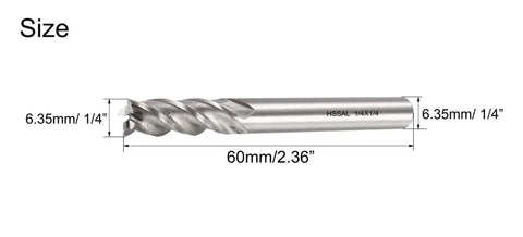 One Quarter Inch HSS Spiral End Mill For Wood Aluminum Steel Titanium Plastic Four Flute Milling Cutter Pack Of Four Shank One Quarter Inch High Speed Steel Cutting Tool NACX, 60mm length, 6.35mm dia.
