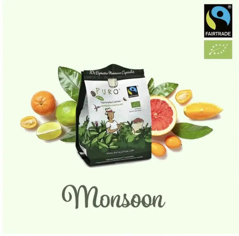 Organic Coffee Pods Compatible With Nespresso Original Machines Variety Pack Of Six Fairtrade Blends In BPA Free Compostable Capsules 60 Pods Intensities 4 Through 9 Toxin Tested Cafe Quality At Home Eco Friendly Convenience front view of Monsoon flavor with citrus fruits
