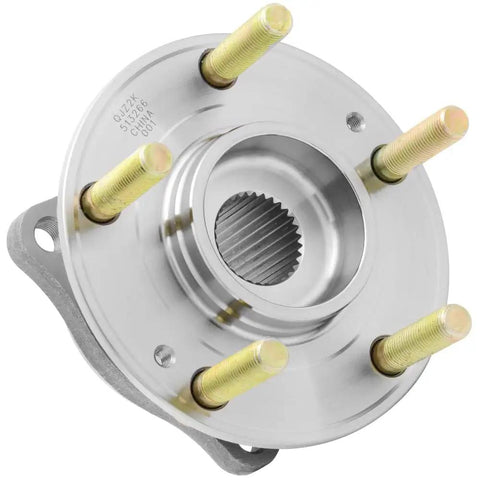 Front Wheel Hub Bearing Assembly Compatible With Hyundai Santa Fe Santa Fe Sport Santa Fe XL Veracruz And Kia Sedona Sorento Rondo Front Wheel Hub Replacement For A Smooth Ride And Reliable Performance in a metallic finish, showing five mounting studs and central splined hole.