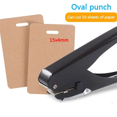 Oval Single Hole Punch 4 X 15mm Lever Action Steel Paper Puncher that punches up to 10 sheets, shown with punched paper