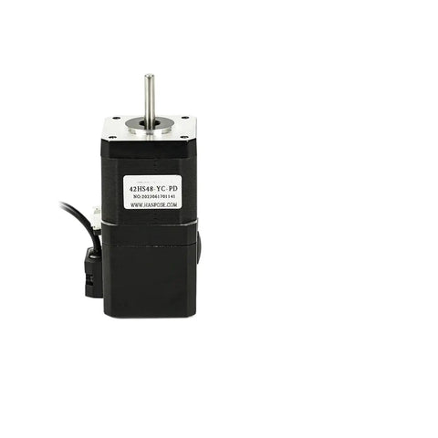 Stepper motor, black NEMA17, front view with silver mounting face and protruding shaft; label 42HS48-YC-PD.