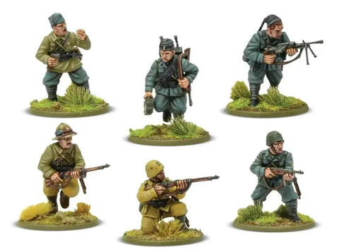 Bolt Action Italian Army and Blackshirts 1 To 56 Scale Tabletop Miniatures Set soldiers posed on grassy terrain